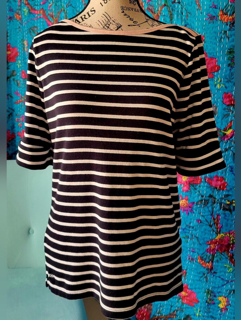 Ralph Lauren Black and Cream Striped Short Sleeve Boatneck Tee
